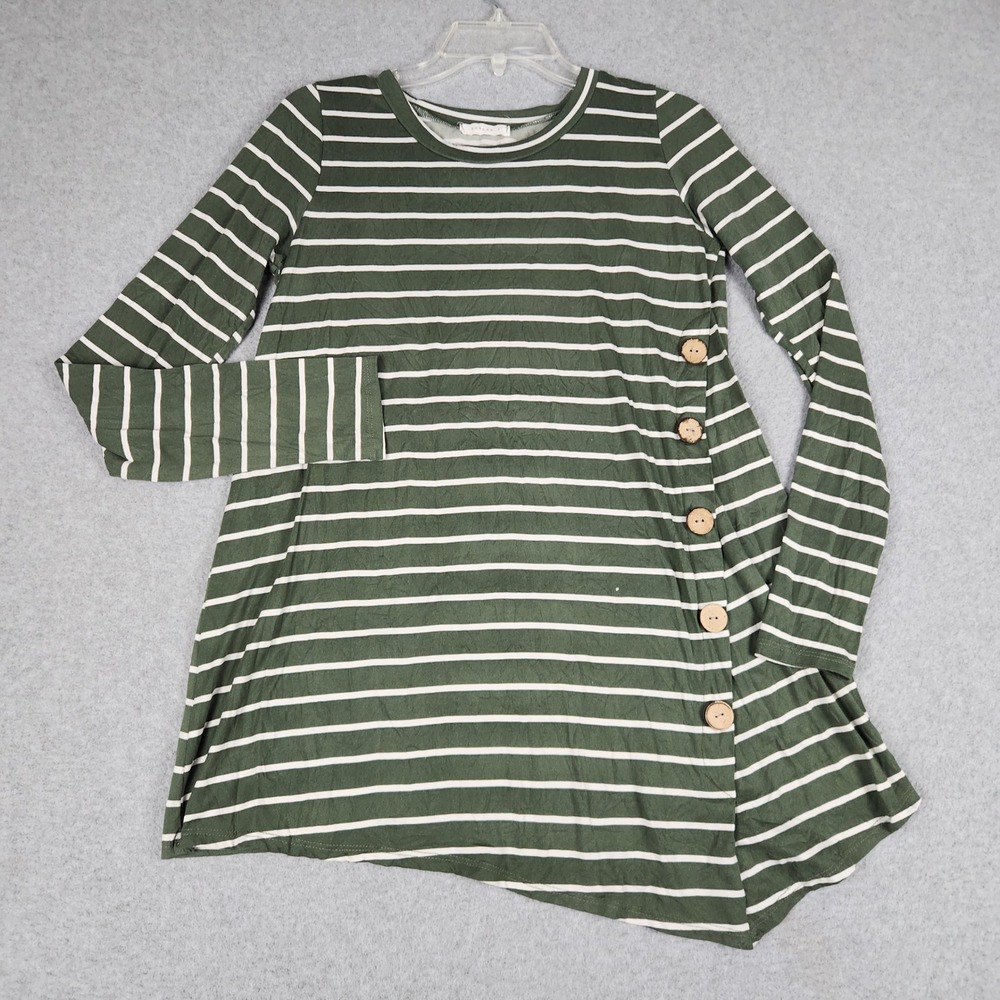 Reborn J Tunic Top Womens M Green Striped Asymmetrical Side Button Long Sleeve
